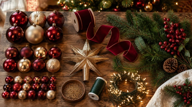 A Christmas tree color palette with red, gold, and green ornaments, velvet ribbon, pine branches, berry picks, a topper star, and a coil of warm white lights