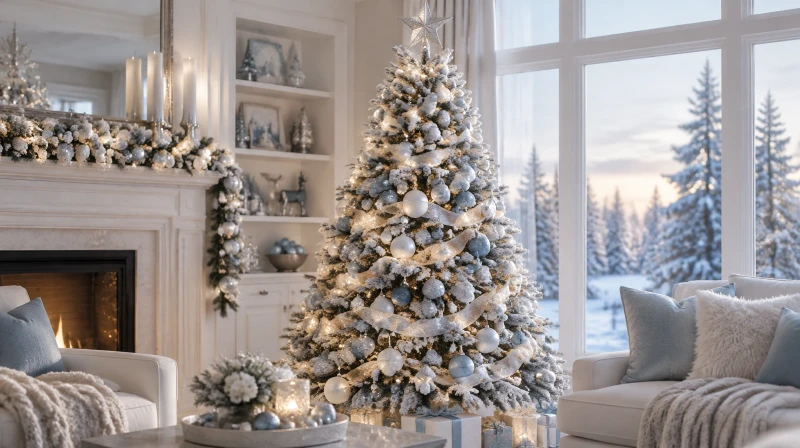 A frosted white and silver Christmas tree with silver ornaments in three sizes, silver ribbon swags, faux snow, and warm white lights