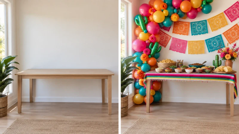 Before and after of a plain corner styled for a Cinco de Mayo party