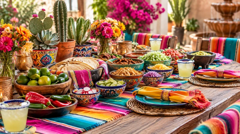 A Cinco de Mayo fiesta table with a serape runner, bright plates, and cactus