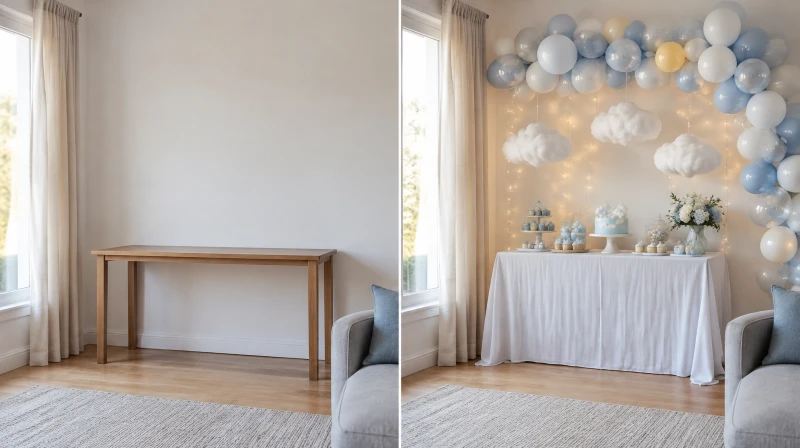 Before and after of a plain living room corner styled for a cloud baby shower with a white balloon garland and hanging clouds