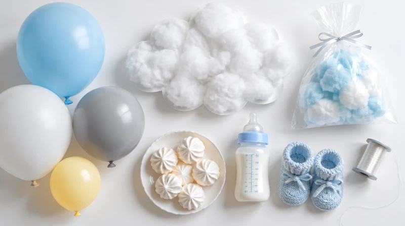 A cloud baby shower color palette with sky blue, white, and gray balloons, a fluffy paper cloud, cotton candy, meringues, a baby bottle, and a small yellow balloon