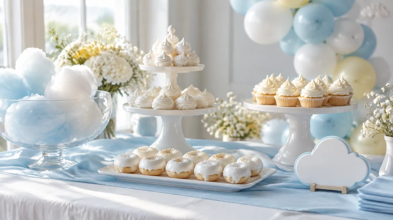 A cloud baby shower dessert table with cotton candy, white meringues, blue and white cupcakes, mini donuts, and a small cloud sign