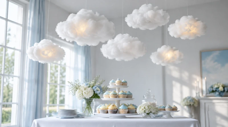 Six white fluffy clouds hanging at different heights from a ceiling above a baby shower table with soft lights