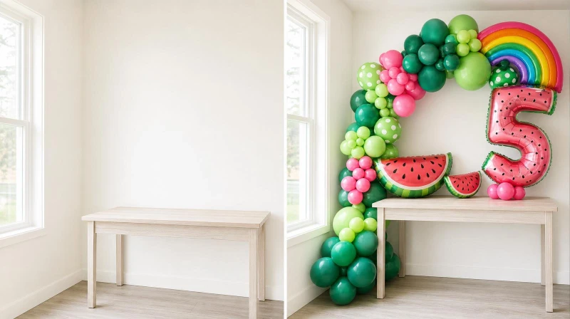 Before and after of a plain corner styled for a Cocomelon birthday party