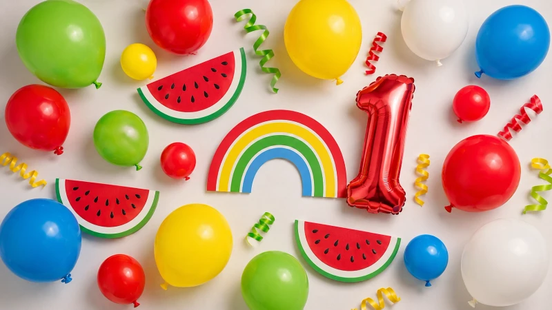 A Cocomelon party color palette in green, red, yellow, and blue