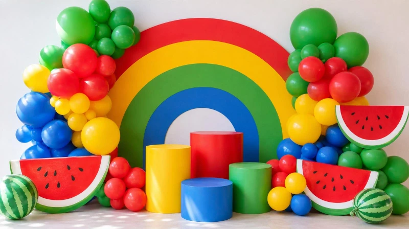 Cocomelon party decorations with a green and rainbow balloon garland and watermelon shapes