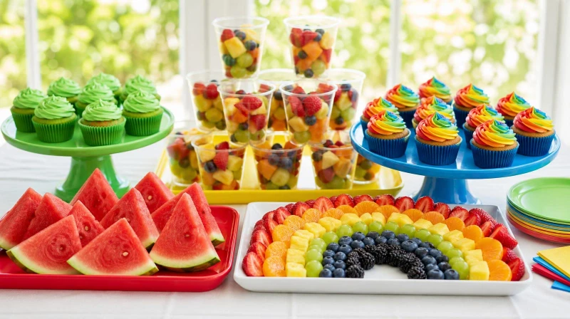 A Cocomelon party food table with watermelon, fruit cups, and rainbow cupcakes