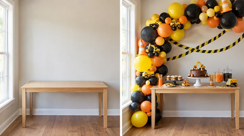 Before and after of a plain corner styled for a construction birthday party