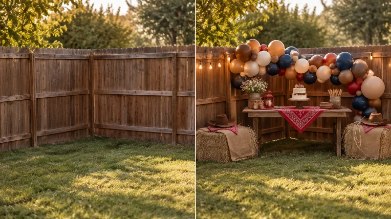 Before and after of a plain backyard corner styled for a cowboy birthday party