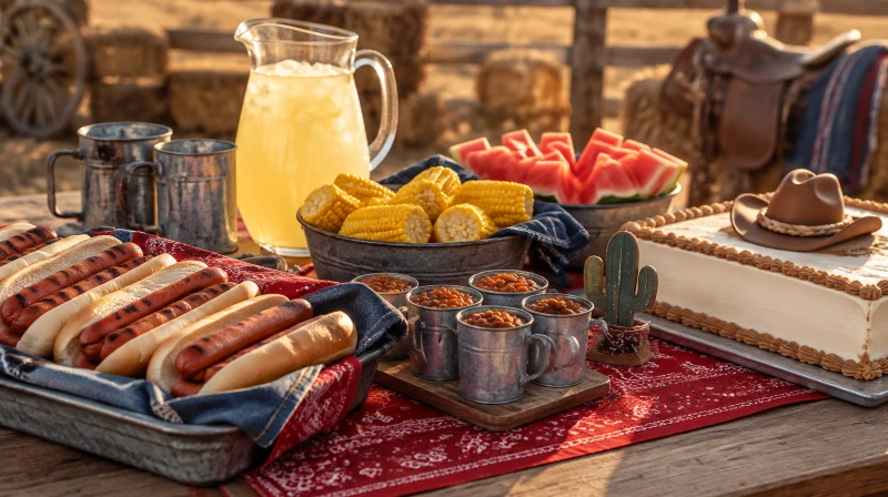A chuckwagon food table with hot dogs, baked beans in tin cups, corn on the cob, watermelon sticks, lemonade, and a cake