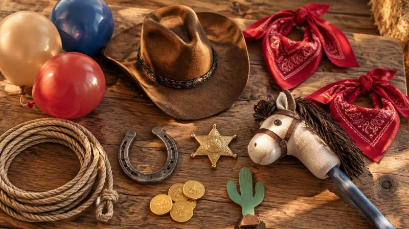 A cowboy birthday party color palette with tan, blue, and red balloons, a cowboy hat, bandanas, a sheriff badge, rope, and a horseshoe