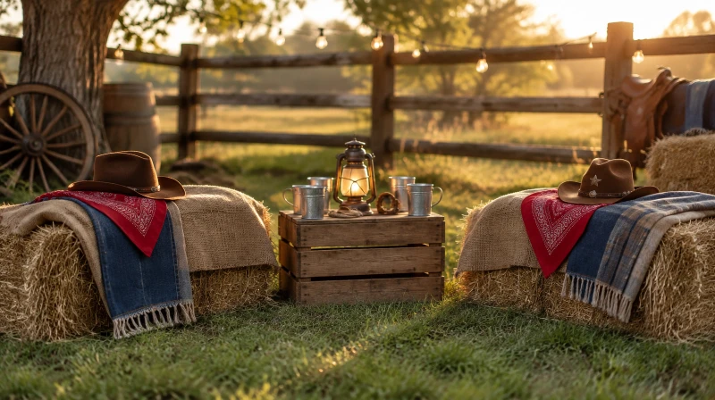 A hay bale seating area for a cowboy party with burlap-covered bales, a wooden crate table, bandanas, hats, and warm string lights