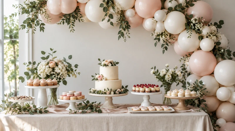 A dessert table with a balloon garland backdrop framing the treats