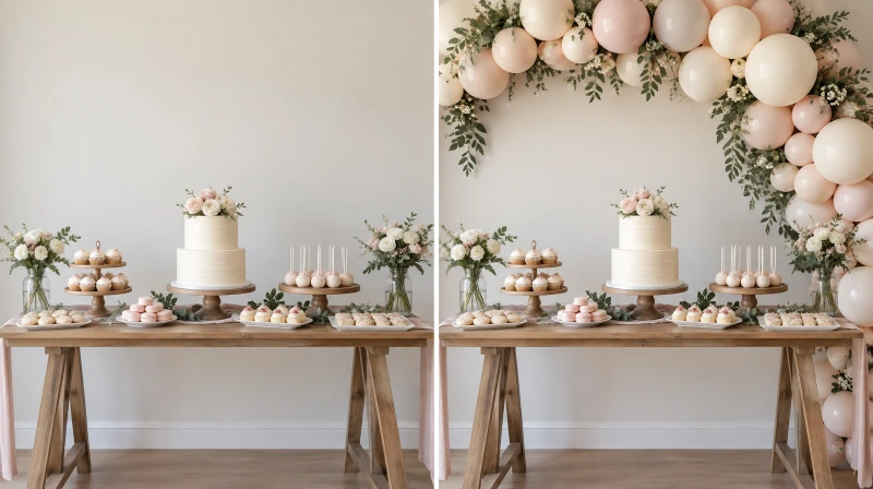 Before and after of a dessert table, plain then framed with a styled backdrop