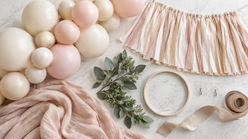 Flatlay of dessert table backdrop supplies including blush and cream balloons, draped fabric, tassel fringe, and greenery hoop