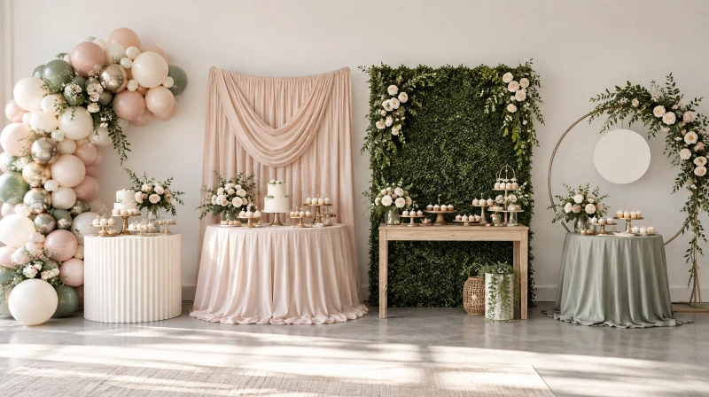 Four popular dessert table backdrop styles including balloon garland, draped fabric, greenery wall, and floral hoop with signage