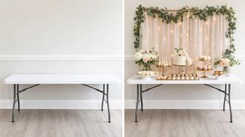 Before and after of a plain table turned into a styled dessert table