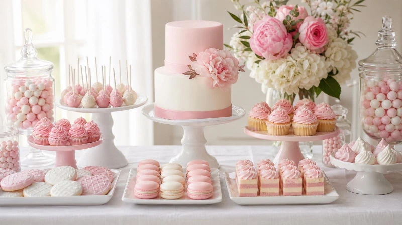 A styled dessert table with a matching two-color palette across treats and tableware