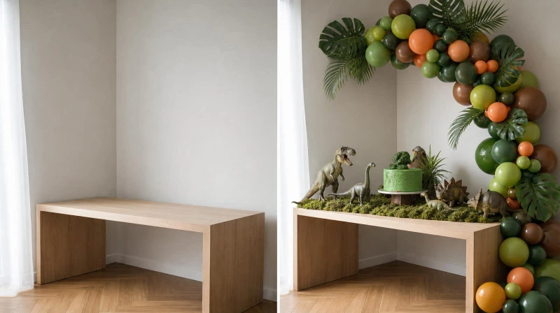 Before and after of a plain corner styled for a dinosaur birthday party
