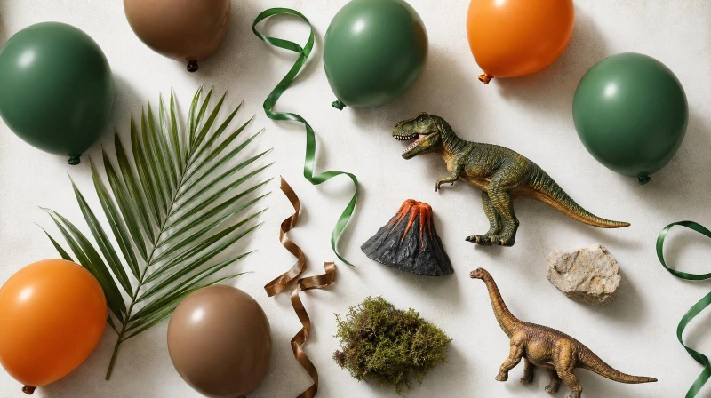 A dinosaur birthday party color palette in green, brown, orange, and cream
