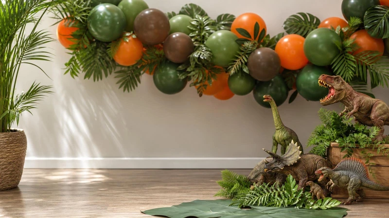 Dinosaur birthday decorations with a green balloon garland, jungle leaves, and dino figures