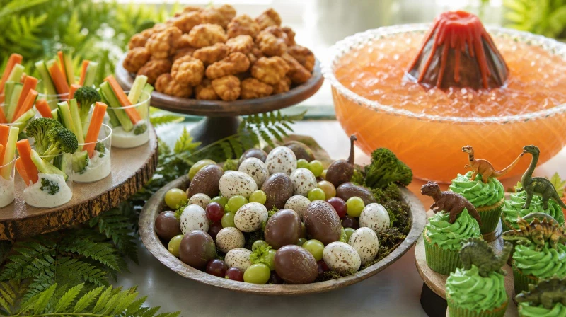 A dinosaur party food table with dino eggs, veggie cups, and green treats