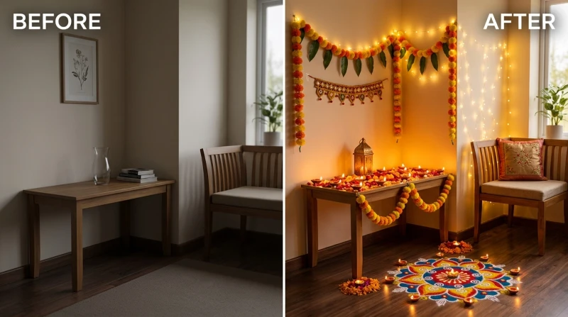 Before and after of a plain corner styled with warm Diwali decorations