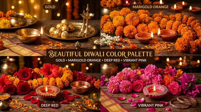 A Diwali party decoration color palette in gold, marigold, red, and deep pink