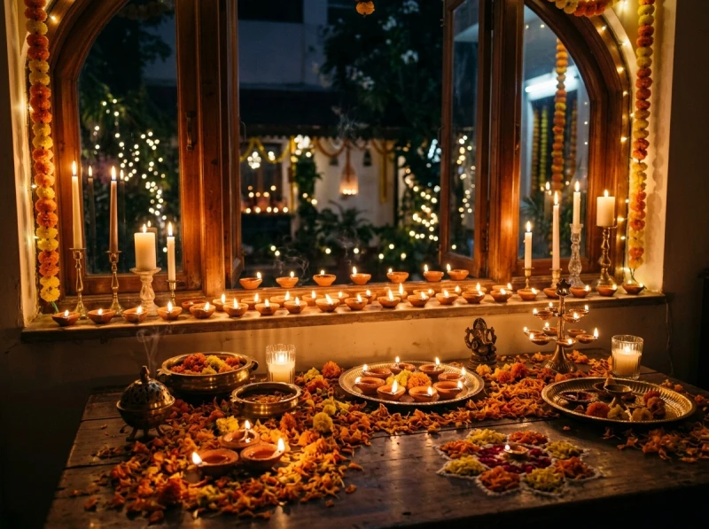 Rows of glowing diyas and candles for Diwali