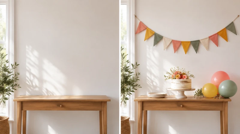 Before and after of a plain wall finished with a DIY party banner