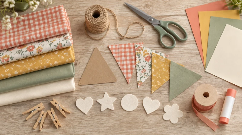 DIY party banner supplies: fabric swatches, jute twine, scissors, a cardboard triangle template, cut triangles, cardstock, felt shapes, clothespins, ribbon, and a glue stick