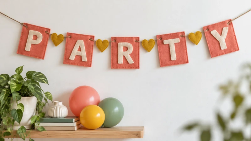 A handmade letter banner spelling PARTY with cream felt letters on coral squares and small yellow hearts