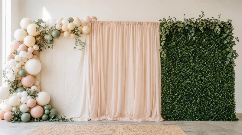 DIY photo booth backdrop ideas with a balloon garland, fabric, and greenery