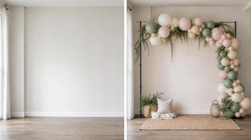 Before and after of a plain wall turned into a DIY photo booth backdrop