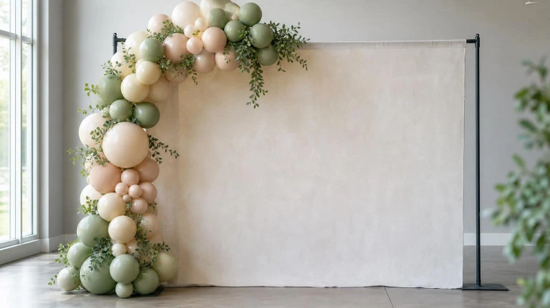 Hanging a DIY photo booth backdrop with a balloon garland on a stand