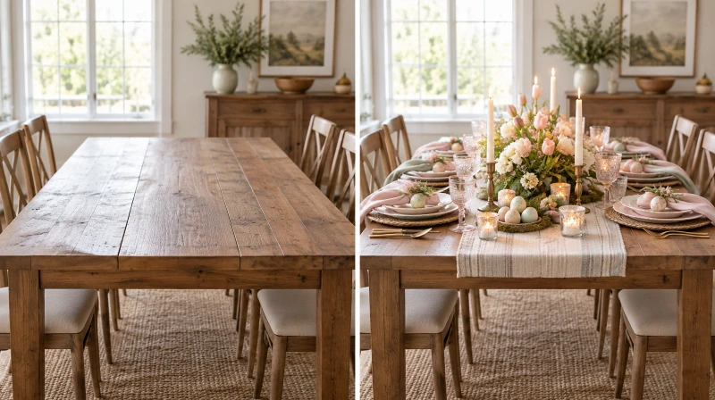 Before and after of a plain table styled into a fresh Easter table