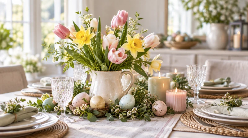 A low Easter centerpiece with spring tulips, eggs, and greenery
