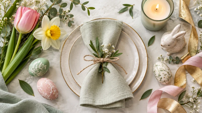 An Easter table color palette in pastels, cream, green, and gold
