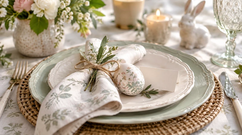 An Easter place setting with a pastel napkin, egg, and name card