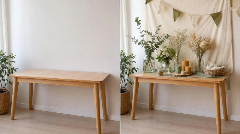 Before and after of a plain corner styled with eco-friendly party decorations