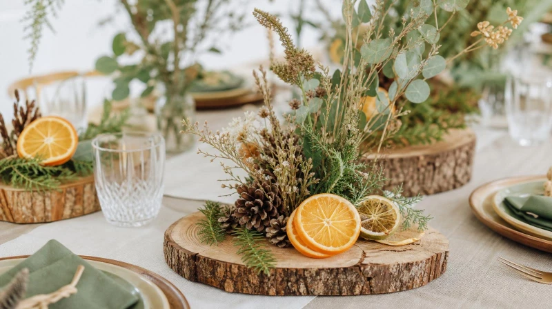 Eco-friendly party decorations using greenery, dried flowers, and wood