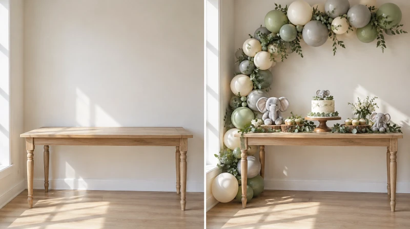 Before and after of a plain corner styled for an elephant baby shower