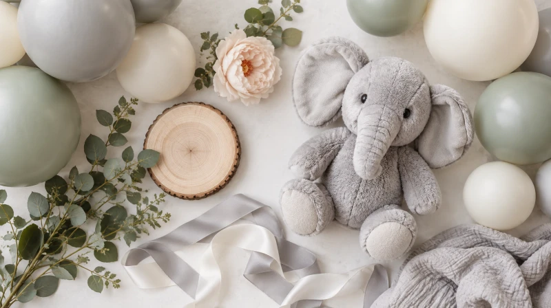 An elephant baby shower color palette in gray, cream, sage, and blush
