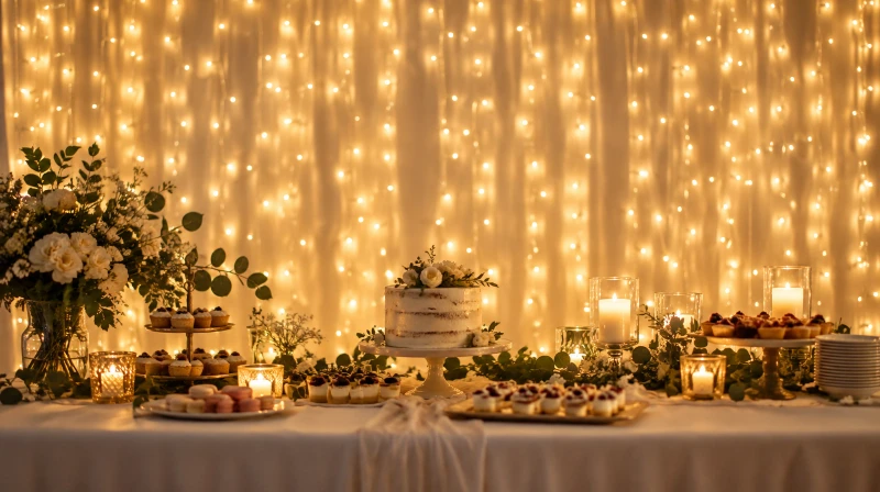 A fairy light curtain backdrop glowing behind a party table