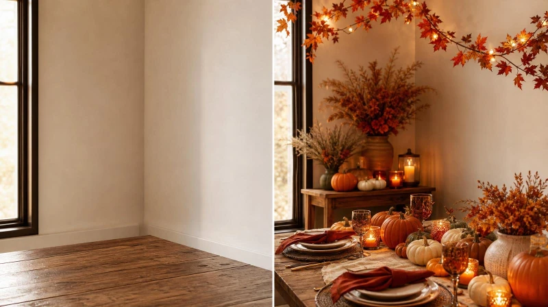 Before and after of a plain space styled with cozy fall party decorations