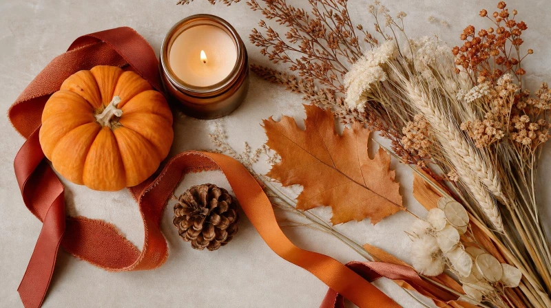 A fall party color palette in rust, orange, cream, and wood tones