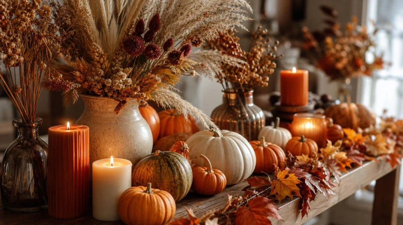 Fall party decorations with pumpkins, candles, and dried florals