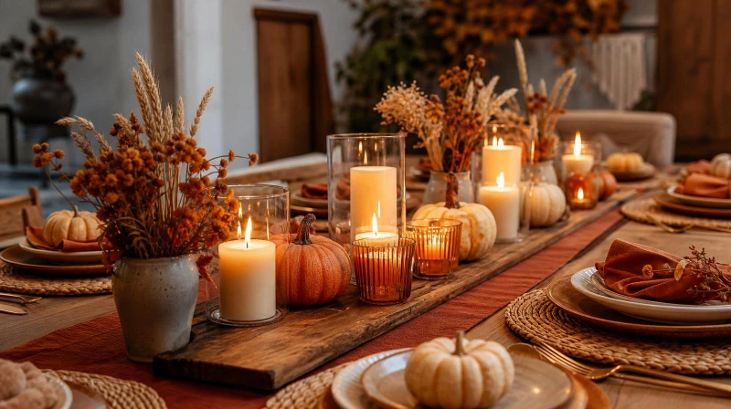 A cozy fall table with candles, small pumpkins, and dried florals