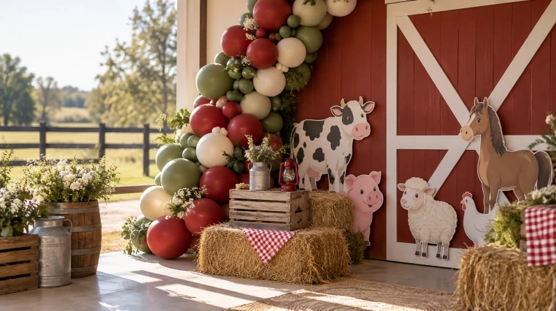 Farm birthday decorations with a red balloon garland, animal cutouts, and hay